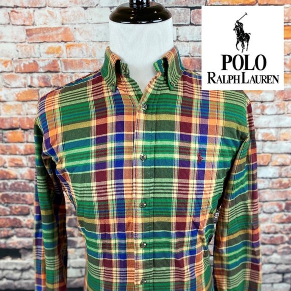 Ralph Lauren Classic Fit Green Orange Plaid Shirt - Picture 1 of 5
